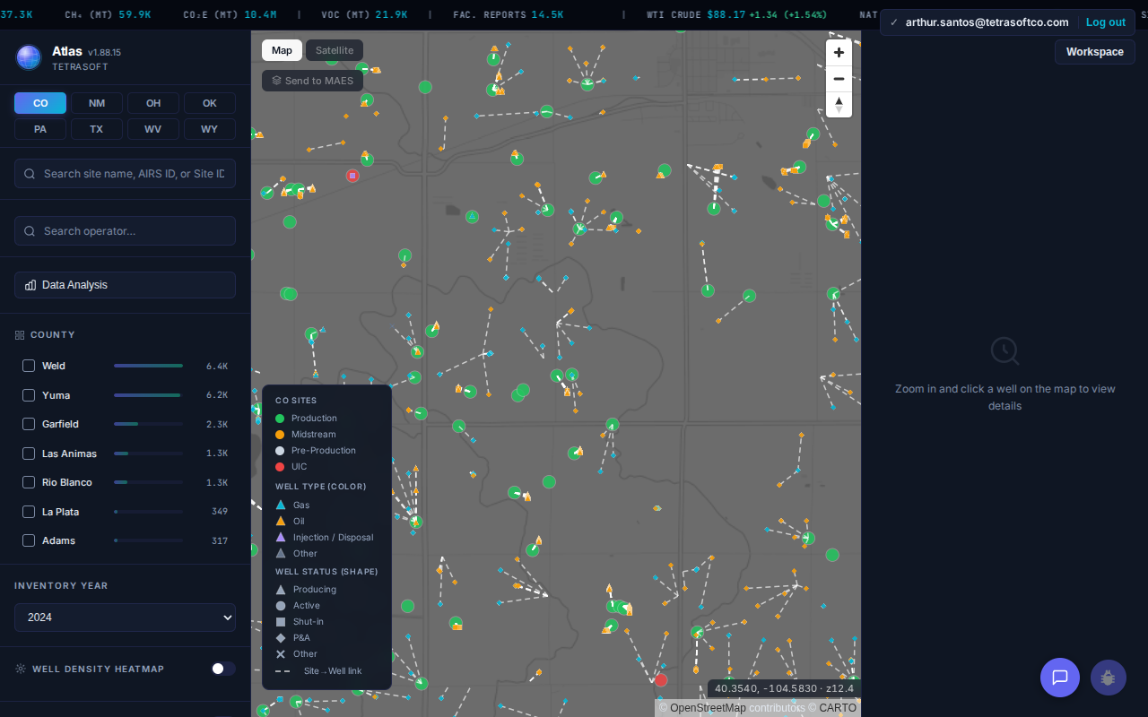 Screenshot of the TetraSoft Atlas map zoomed into a dense oil and gas field, with hundreds of individual well and facility dots plotted over a legend of well types and statuses