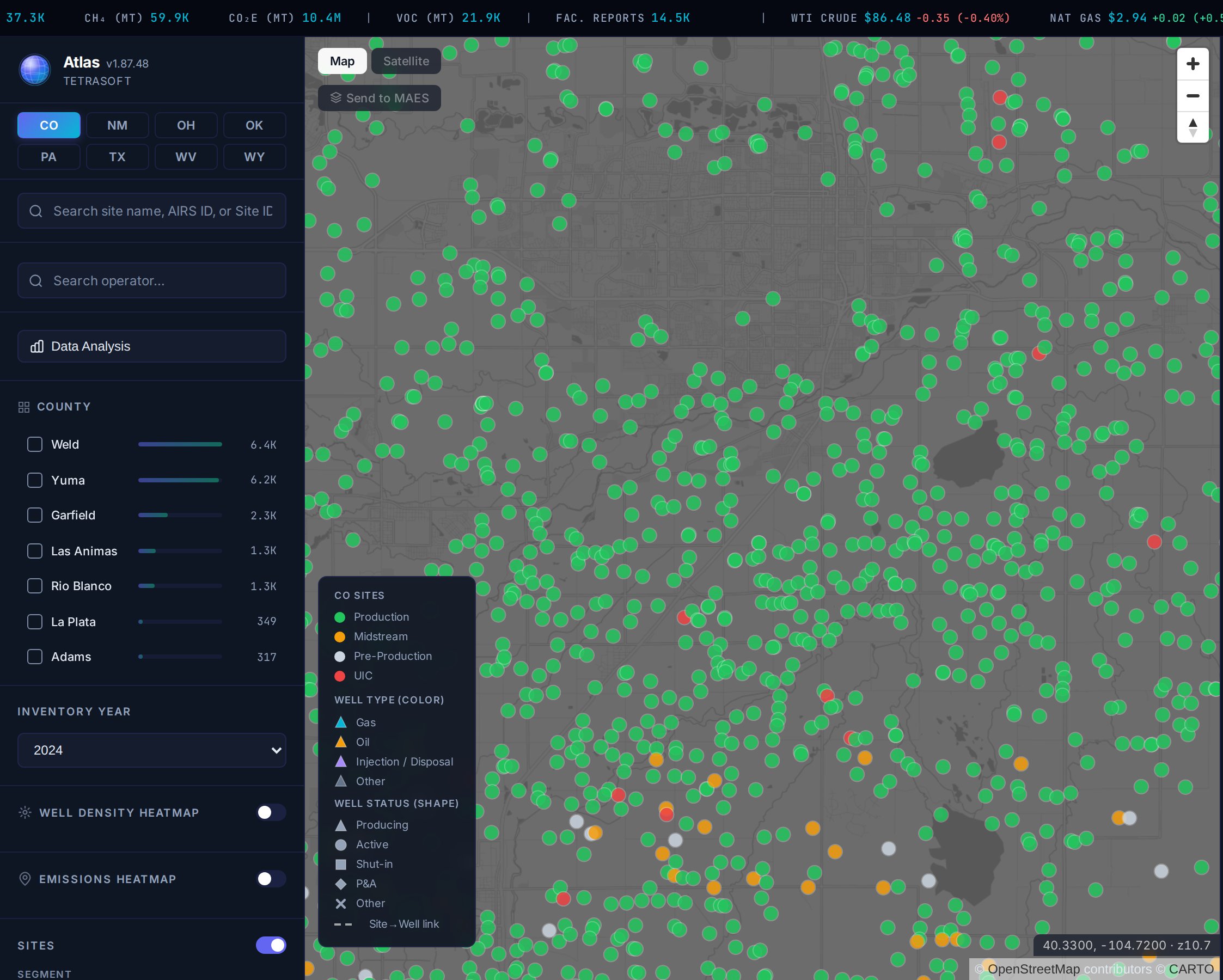 Atlas map of Colorado's DJ Basin around Weld County showing hundreds of individual facility markers (green production sites, orange midstream, and red injection/UIC sites) densely covering the Wattenberg field, with the county filter, 2024 inventory year, and a well-type and status legend