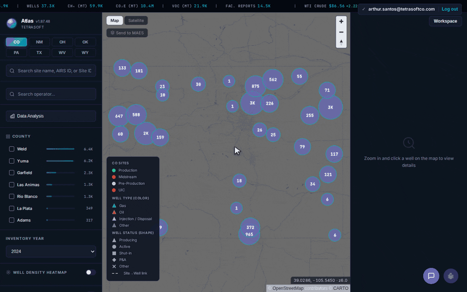 Atlas Data Analytics for Colorado: stepping through the Emissions Overview, Operational Detail, Compliance, Reporting Quality, and Gas Analysis tabs, each scrolled to show operator rankings, flagged sites, enforcement records, and statewide gas-composition trends