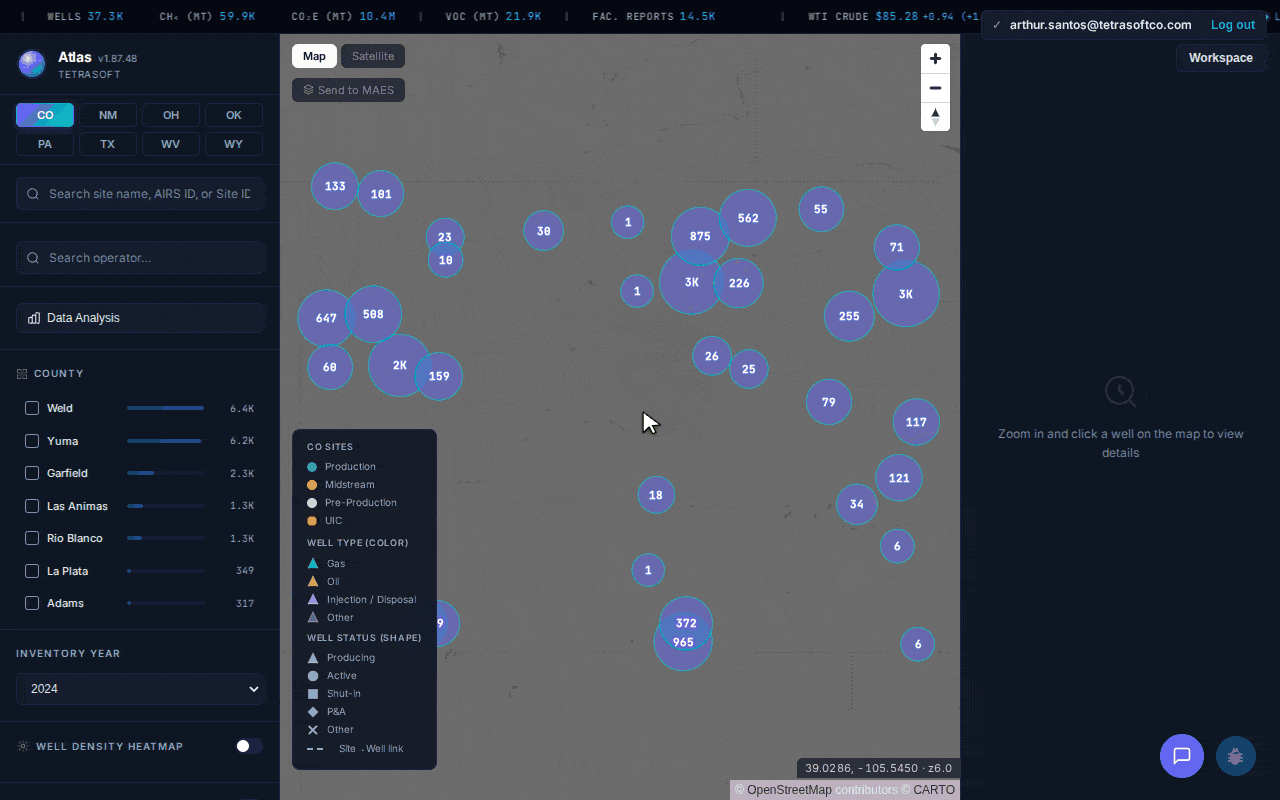 Animated walkthrough of the Atlas Colorado oil and gas map: zooming from statewide clusters into Weld County facility dots and wells, opening a facility record in satellite view, stepping through its production, gas composition, and emissions tabs, then turning on the statewide methane emissions heatmap