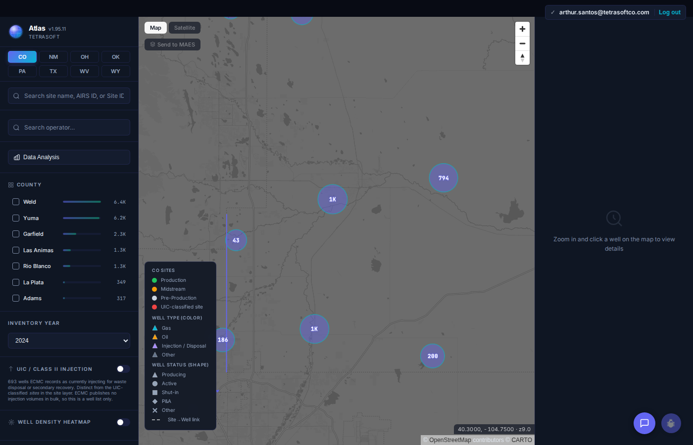 Atlas Colorado view with Colorado selected: the county sidebar lists Weld at 6.4K sites, Yuma at 6.2K and Garfield at 2.3K, while clustered site markers sit over the Denver-Julesburg Basin northeast of Denver alongside the Colorado sites legend