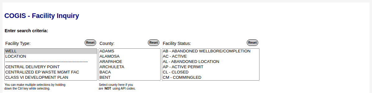 COGIS Facility Inquiry search form with Facility Type set to WELL and highlighted, beside a County list beginning at Adams and a Facility Status list showing the codes AB abandoned wellbore or completion, AC active, AL abandoned location, AP active permit, CL closed and CM commingled