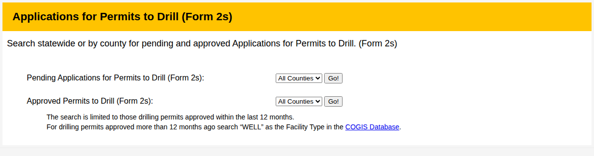 ECMC's Applications for Permits to Drill search: separate All Counties dropdowns for pending and for approved Form 2s, above a note reading that the search is limited to those drilling permits approved within the last 12 months and directing anyone looking further back to search WELL as the Facility Type in the COGIS Database