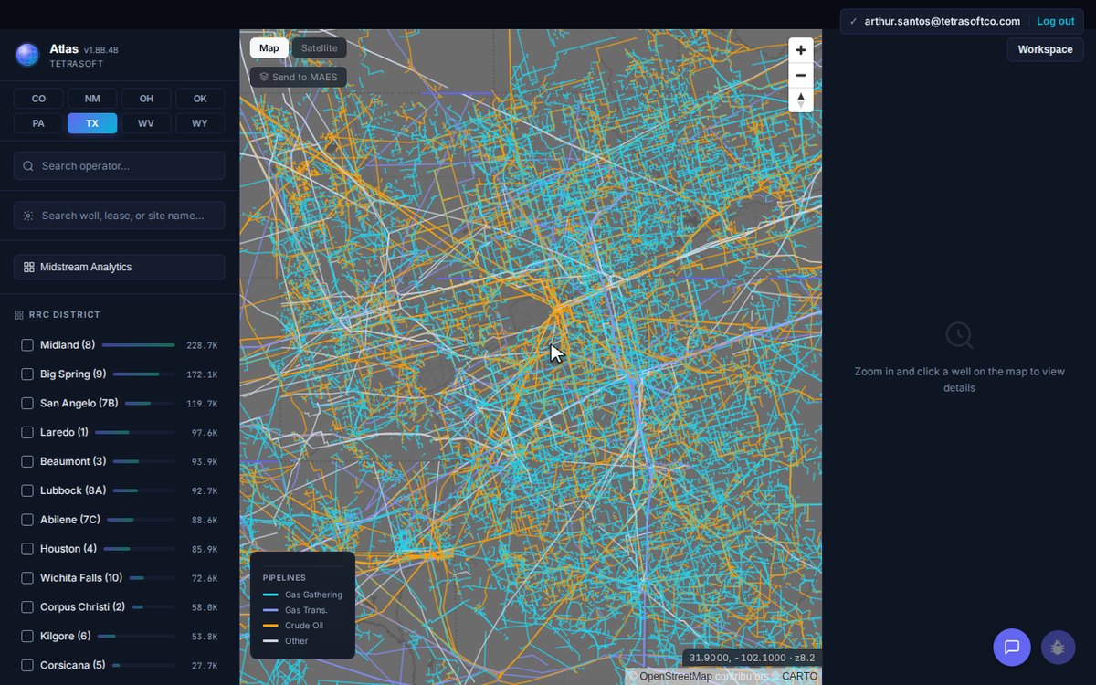 A natural gas pipeline map zoomed into the Texas Permian Basin near Midland and Odessa, showing thousands of cyan gas gathering lines and indigo transmission lines with amber crude systems, and a pipeline legend