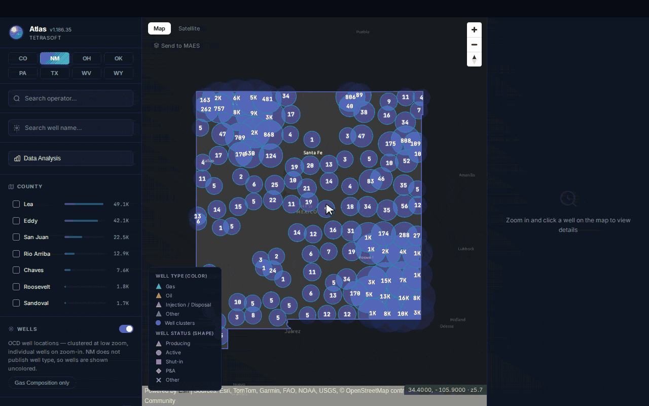 Animated walkthrough of New Mexico in TetraSoft Atlas: the map switches from the dark basemap to satellite imagery, zooms from statewide well clusters into the San Juan Basin, and clicks gas well RINCON UNIT #057E (API 3003925185, Enduring Resources, Rio Arriba County), then pauses on its Identity tab, its Production tab with cumulative totals and 2006 to 2026 annual oil, gas and water, and its Gas tab with a 1,233 BTU, 13-component gas analysis