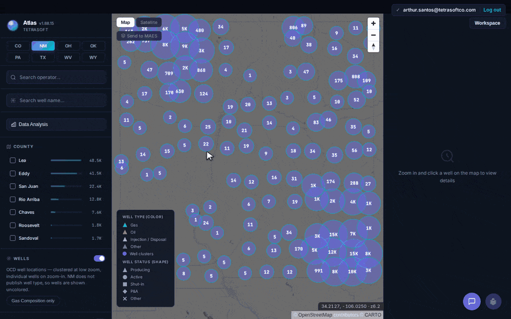 Atlas New Mexico statewide data analysis: stepping through the dataset overview, production trend, and gas composition tabs, each scrolled to show operator counts, the annual oil and gas trend, and statewide gas-composition charts