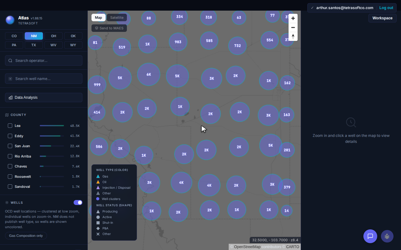 Atlas New Mexico oil and gas map, showing well clusters across Lea and Eddy counties in the Permian Basin with the operator and county search panel