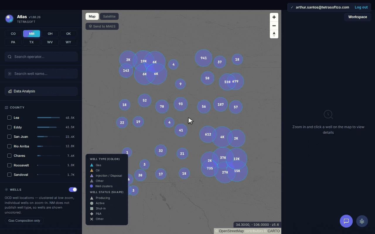 Animated walkthrough of the Atlas New Mexico oil and gas map: zooming from statewide well clusters into the Permian Basin in Eddy County, switching to satellite imagery, then opening a well to step through its full record: identity, production, gas composition, spills, and injection