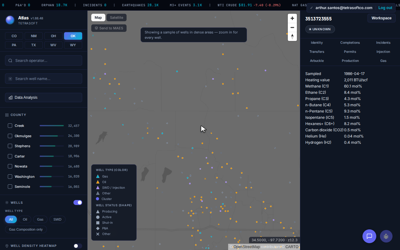 Atlas wellhead gas composition for an Oklahoma well, listing heating value in BTU, methane, ethane, propane and heavier hydrocarbons, carbon dioxide, and trace helium, by sample date