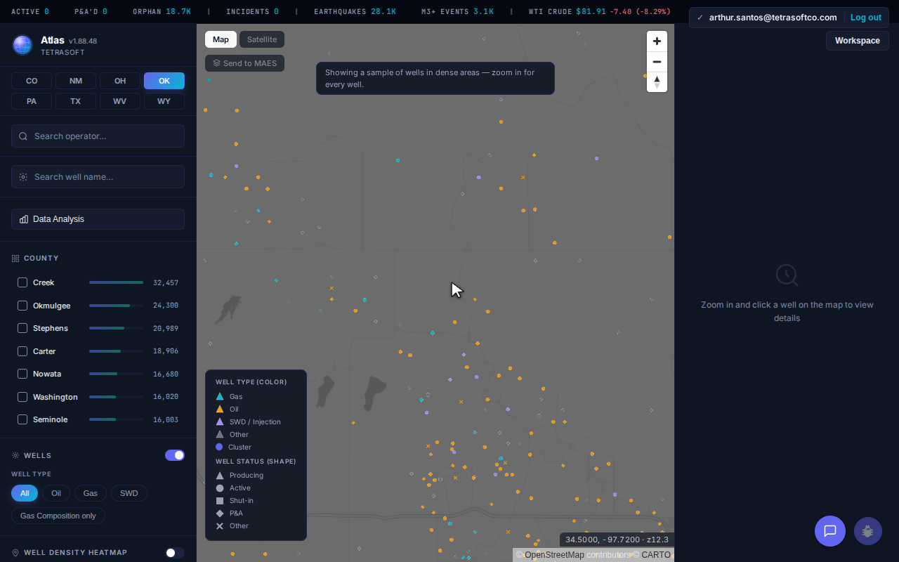 Atlas Oklahoma oil and gas map, showing individual well triangles across central Oklahoma with the County list and operator search panel in the sidebar