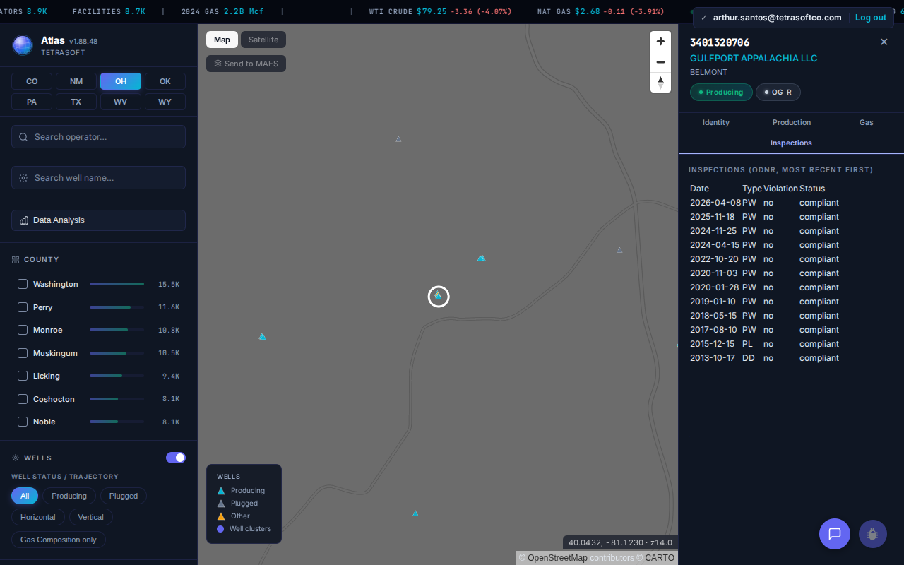 Atlas inspections tab for the same Ohio well, listing twelve ODNR inspections most recent first, each with date, type, violation flag, and compliance status
