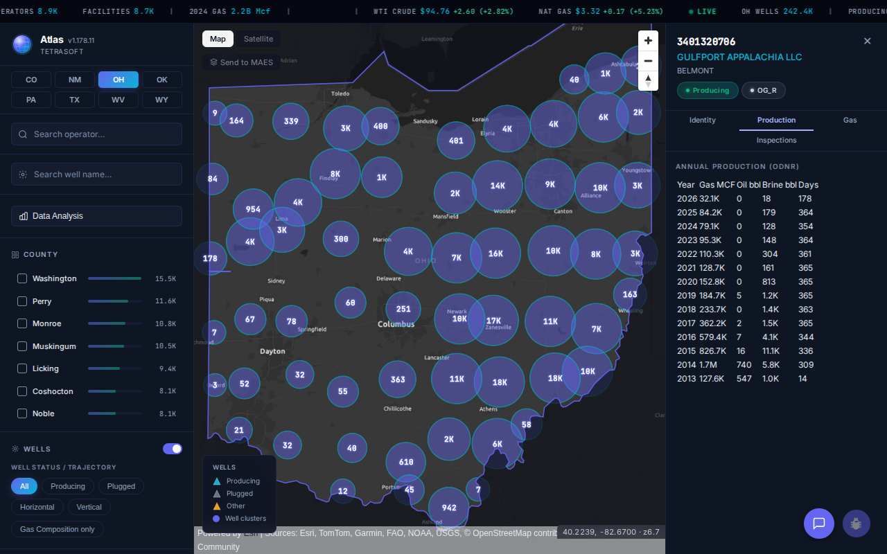 TetraSoft Atlas map of Ohio's oil and gas wells with the Shugert 4-1H well in Belmont County open, showing its annual gas, oil, brine, and producing days from 2013 through 2026