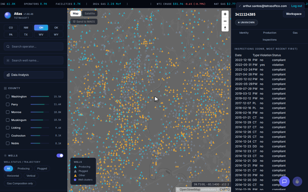 Atlas ODNR inspection history for an Ohio well in Monroe County, listing inspection dates, types, purposes, and compliance status with any noted violation