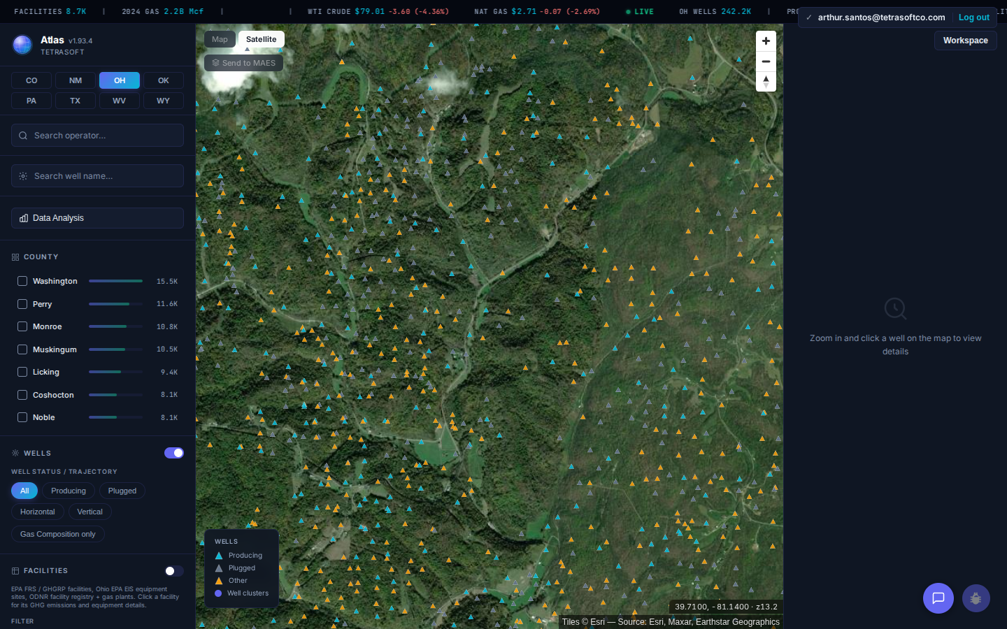 Atlas Ohio map in satellite view, showing individual well markers colored by status over aerial imagery of the wooded Utica core terrain in Monroe County