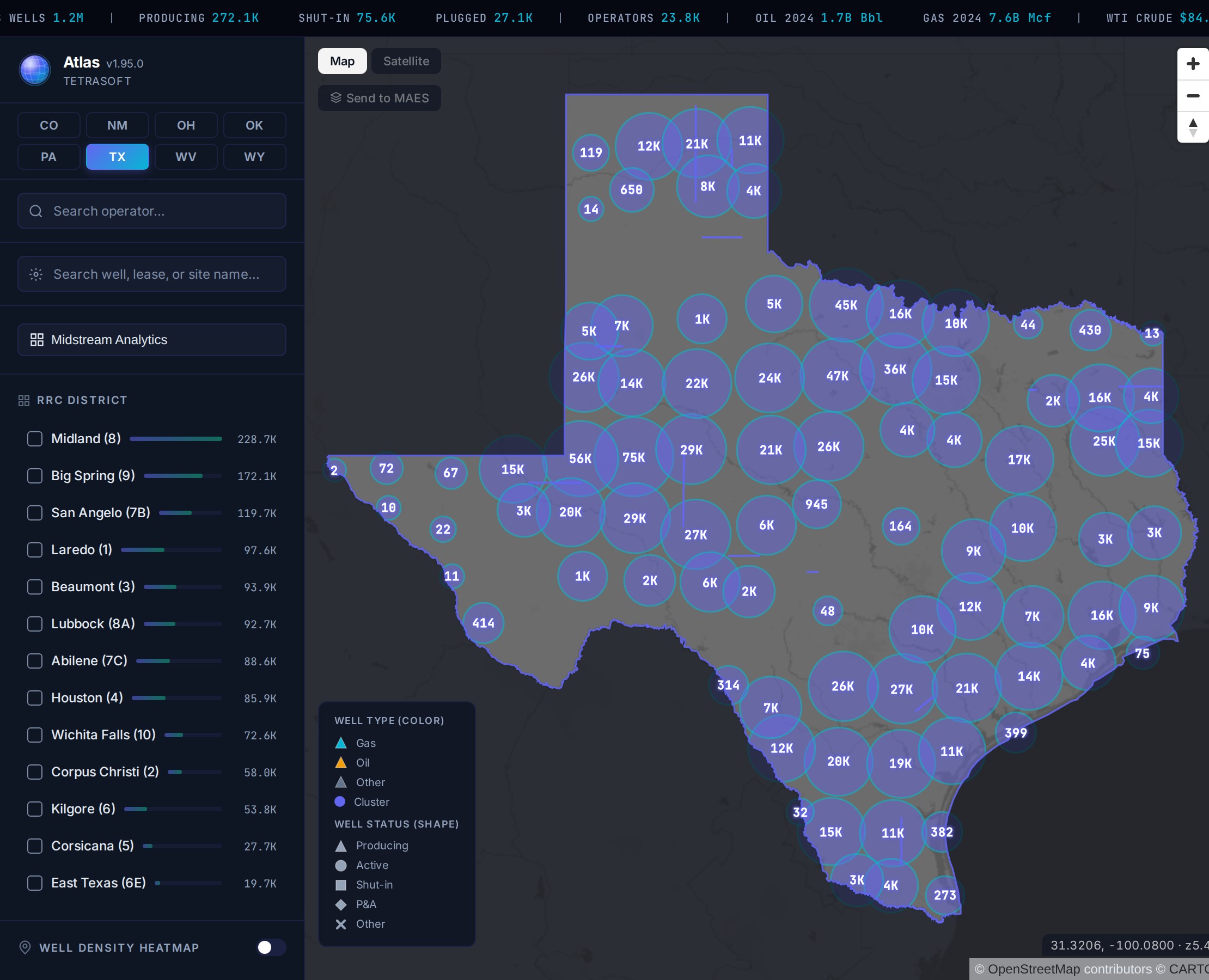 The TetraSoft Atlas map showing Texas well clusters by count, with the state switcher offering Colorado, New Mexico, Ohio, Oklahoma, Pennsylvania, Texas, West Virginia and Wyoming
