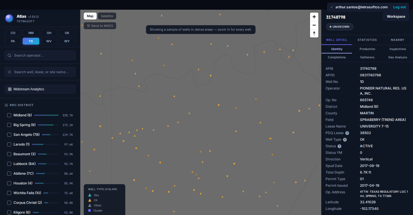 A Texas well detail panel in Atlas showing the Field row reading SPRABERRY (TREND AREA)