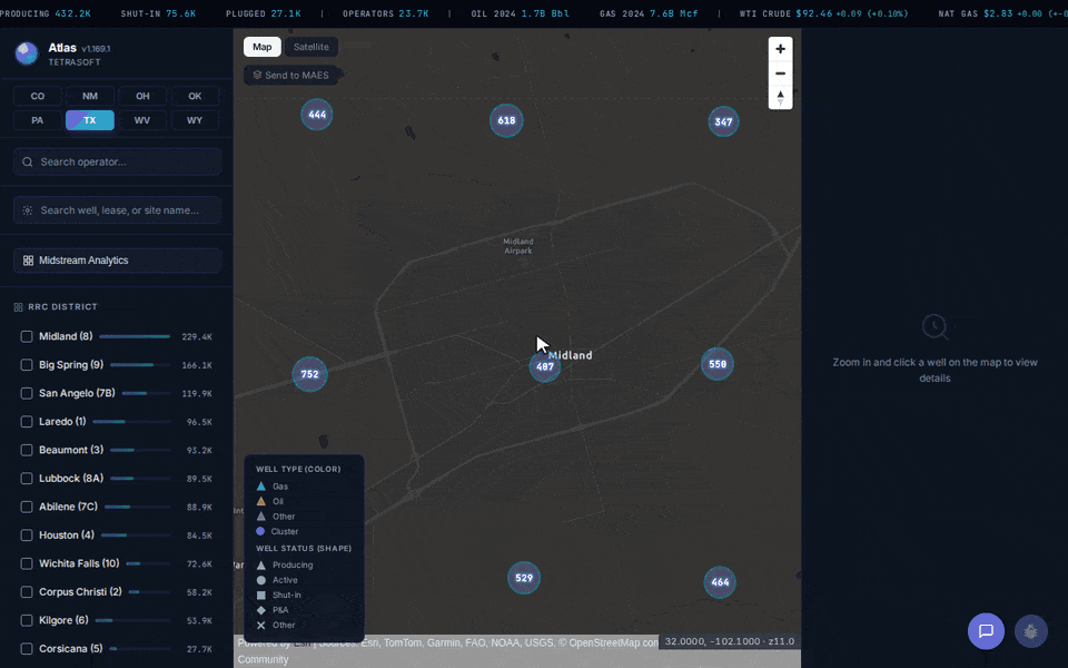 Animated walkthrough in TetraSoft Atlas: the Midland Basin showing only surface well symbols, then the Show BHL Lines toggle drawing every well's surface-to-bottomhole lateral across the same view, then one Barnett gas well, 25132587, opening its record to Identity with a Horizontal direction, Production with its monthly gas chart and annual volumes back to 2008, Inspections, and a Gas Analysis showing a 2009 Barnett Shale sample at 78.6 percent methane and 1,268 BTU per standard cubic foot