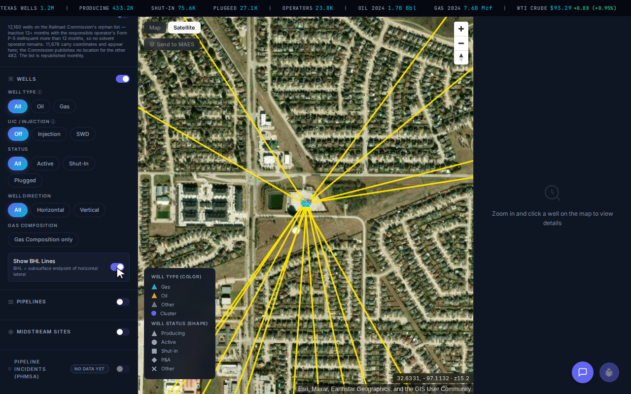 TetraSoft Atlas satellite view of a gas well pad in an Arlington, Texas subdivision with bottomhole lines turned on, lateral lines, drawn in yellow for this screenshot, fanning out from the pad beneath the streets and houses around it