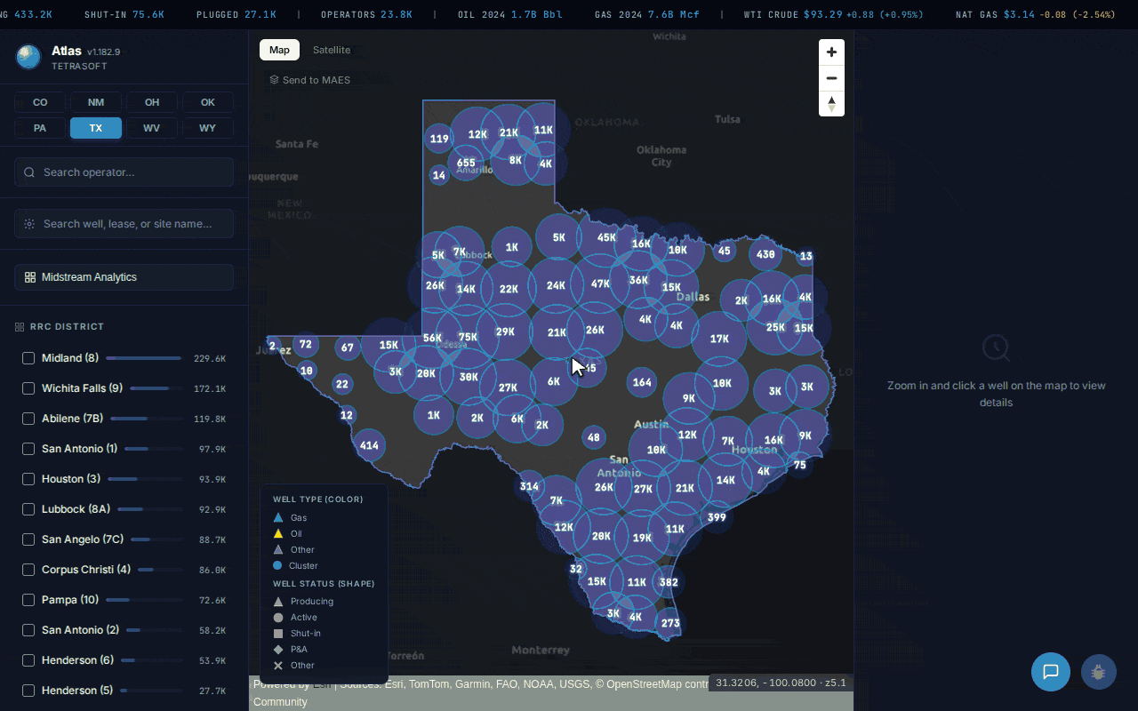 Animated walkthrough of TetraSoft Atlas zooming from statewide Texas well clusters into a neighborhood in Arlington, switching to satellite imagery, turning on the horizontal lateral lines, drawn in yellow for this recording, that fan out from a pad under the surrounding streets, then opening one well's identity, production and inspection record