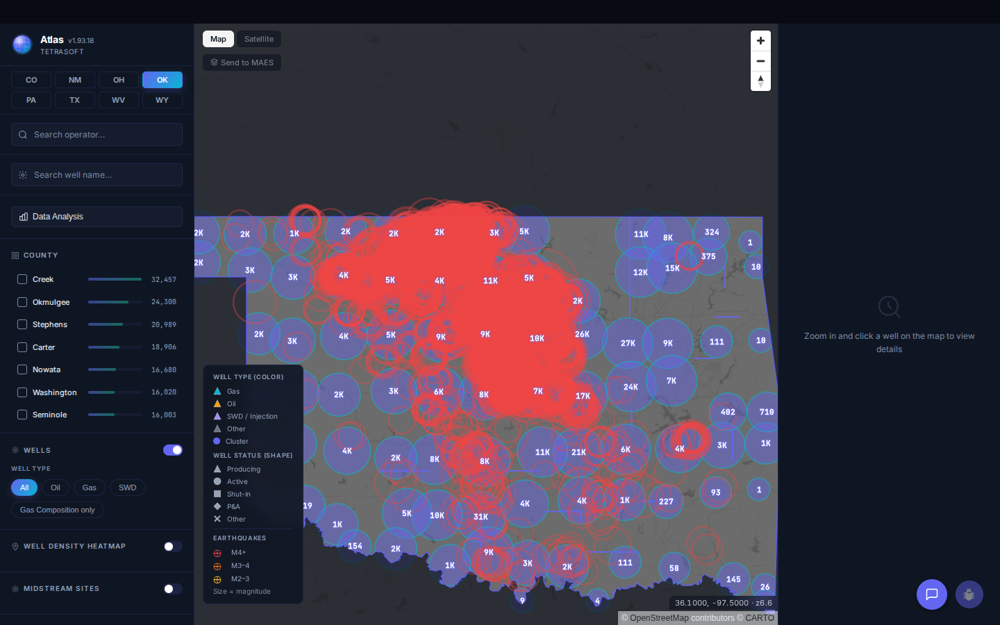 Atlas Oklahoma map with the Earthquakes overlay switched on, showing recorded seismic events concentrated across north-central Oklahoma alongside the state overlay list for UIC wells, orphan wells, and Arbuckle injectors