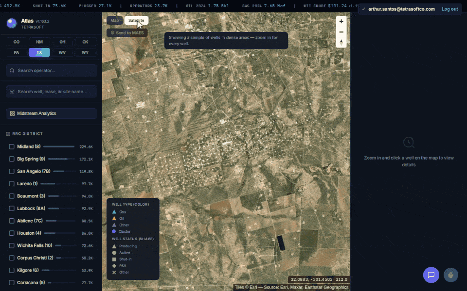Animated walkthrough of the same map crossing the state line in TetraSoft Atlas: a Texas Permian wellbore open on its record, then New Mexico, where well 3001520899 in Eddy County opens its own panel with cumulative produced water and a gas analysis, and a tab bar reading Identity, Production, Gas, Spills, Injection and Lifecycle rather than the Texas set