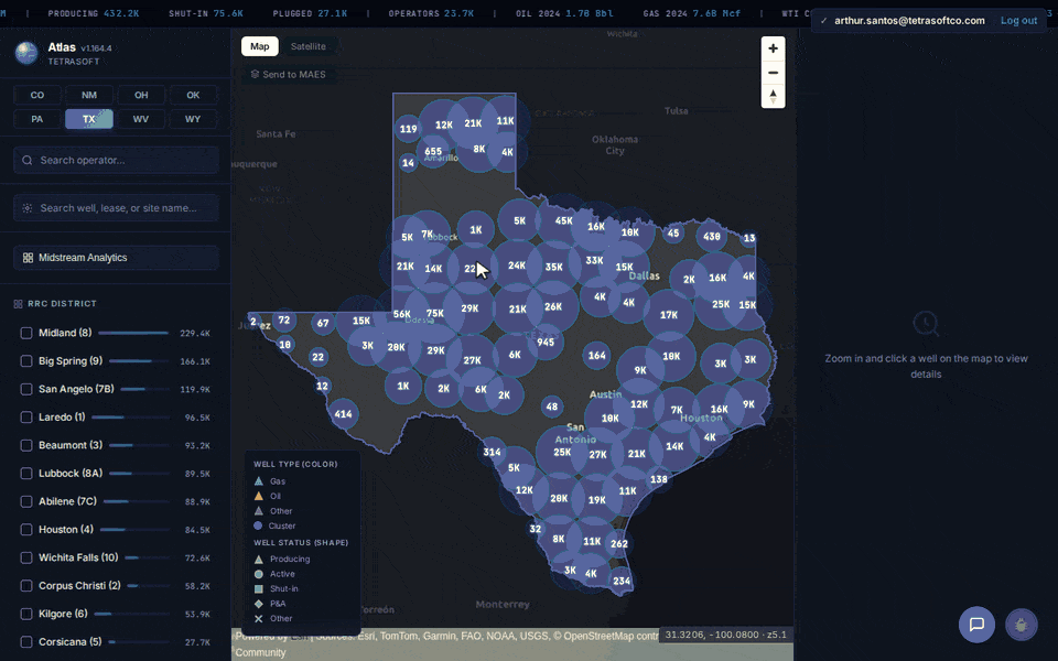 Animated walkthrough of a Texas Permian well record in TetraSoft Atlas: a satellite view of Howard County resolving individual well symbols, then wellbore 22734592 opening to its Identity tab with operator Cimarex Energy, the HOWARD GLASSCOCK field and an ACTIVE status, followed in turn by Production, Inspections showing a Statewide Rule 3.46 notice of violation, and Gatherers listing the three midstream companies taking its oil