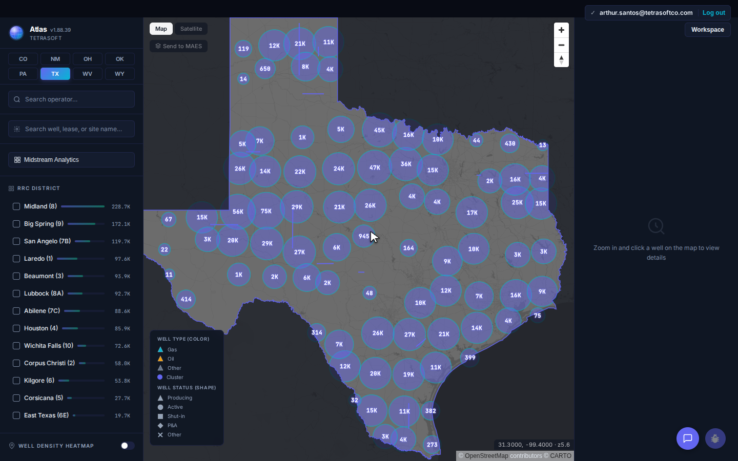 Texas oil and gas wells mapped by RRC district, with the district list showing Midland (8) at 228.7K wells, Big Spring (9) at 172.1K, and San Angelo (7B) at 119.7K