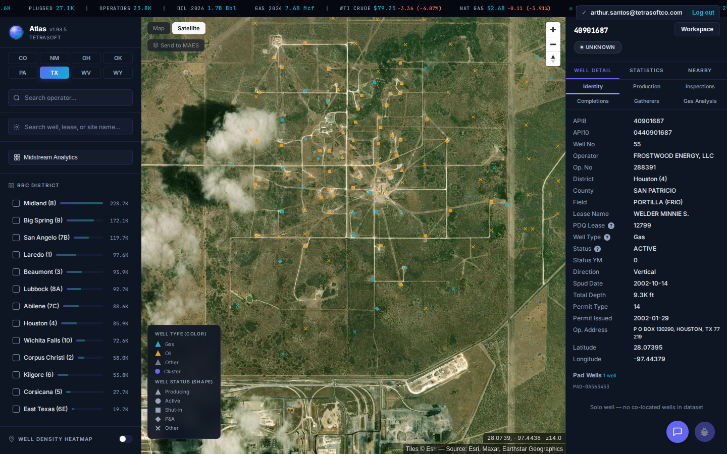 Atlas well record for API-10 0440901687 over satellite imagery of the San Patricio County oilfield, showing operator FROSTWOOD ENERGY LLC, District Houston (4), the PORTILLA (FRIO) field, lease WELDER MINNIE S., PDQ Lease 12799, spud date, and permit date, with Production, Inspections, Completions, Gatherers, and Gas Analysis tabs