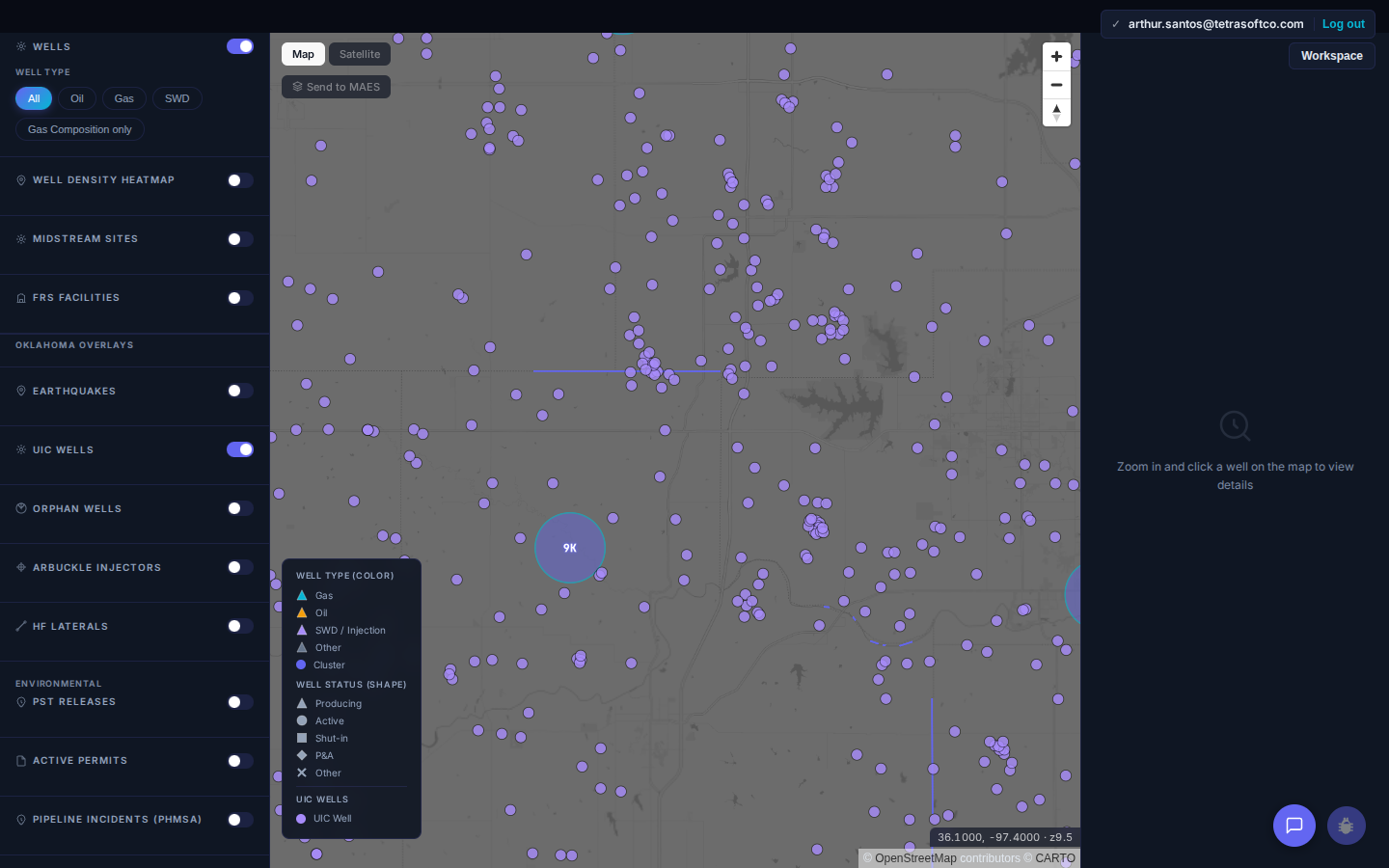 Atlas Oklahoma map zoomed into north-central Oklahoma, showing individual purple UIC well markers spread across the counties with the UIC Wells overlay active