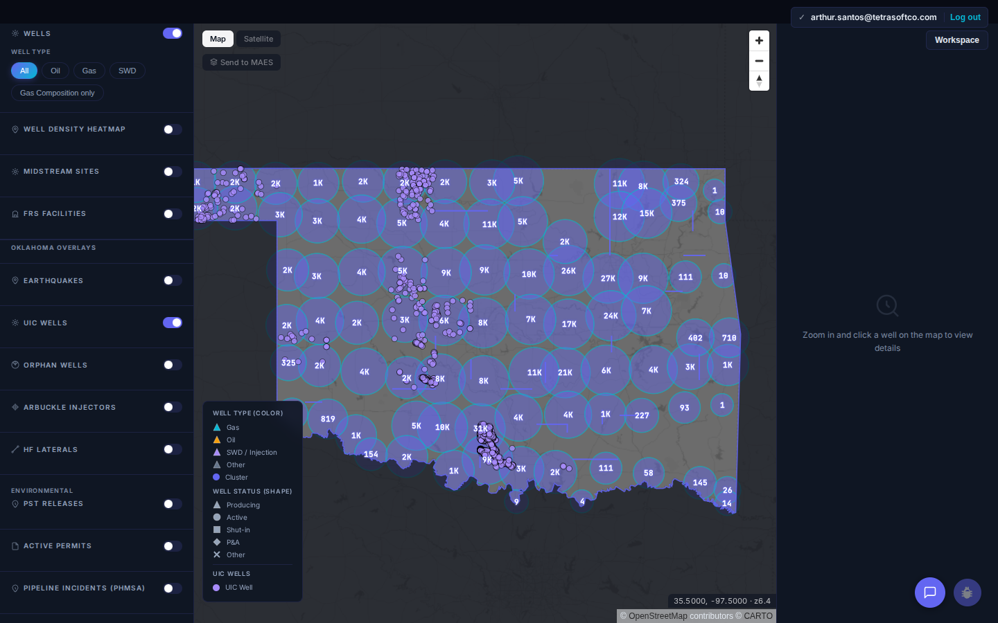 Atlas Oklahoma map with the UIC Wells overlay switched on, showing purple UIC well markers over the statewide well clusters, alongside the Oklahoma overlay list for earthquakes, orphan wells, Arbuckle injectors, and active permits