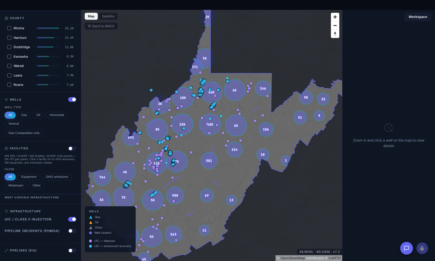Atlas West Virginia map with the UIC / Class II Injection overlay switched on, showing violet waste-disposal wells and cyan enhanced-recovery wells spread across the state beside the West Virginia infrastructure panel