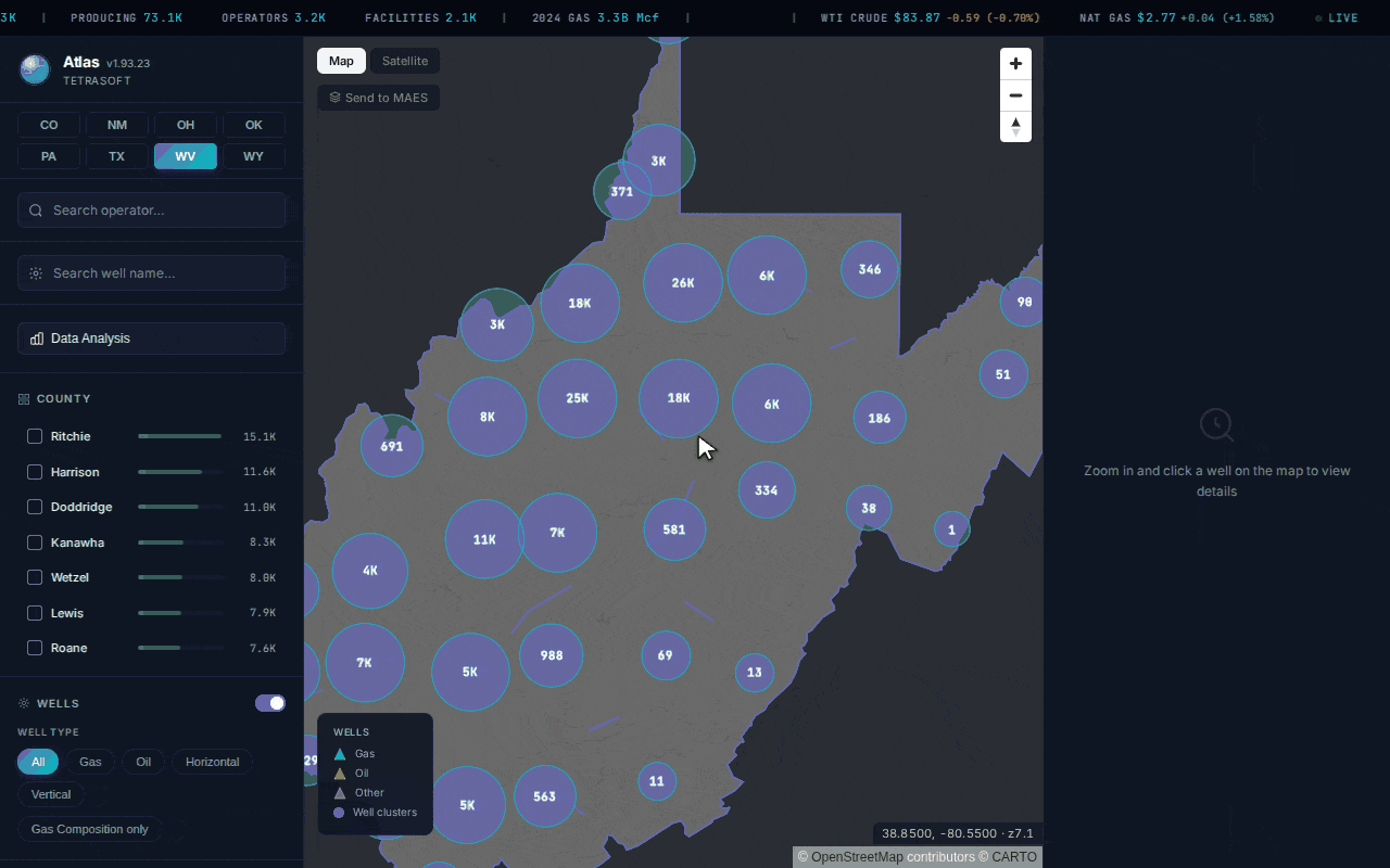 Animated walkthrough of the Atlas West Virginia map: zooming from statewide well clusters into the Marcellus core in Doddridge County, switching the basemap to satellite imagery so the wells sit on their pads and access roads, opening a Greylock Opco gas well to read its identity, WVDEP annual production and gas composition, then switching on the facility, injection and pipeline incident layers across the state