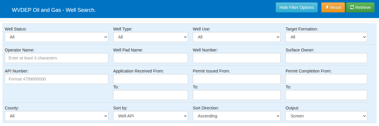 The WVDEP Oil and Gas Well Search form, showing dropdown filters for well status, well type, well use, and target formation, text fields for operator name, well pad name, well number, surface owner and API number, date ranges for application received, permit issued and permit completion, and county, sort and output selectors